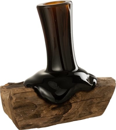 J-Line vaas op voet Hoog Gamal - hout/glas - naturel/bruin - small - 19.5 cm hoog