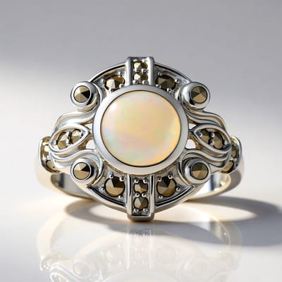 Cavill - Zilveren Ring - 925 Sterling Zilver - Welo Opaal 0,69 ct en Marcasiet 1,01 ct - Vintage Elegante Damesring uit Ethiopië - Luxe Mode Sieraad