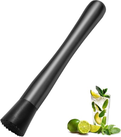 8" roestvrijstalen cocktailmuddle en roerlepel voor thuisbargereedschap - Maak heerlijke mojito's, old fashioneds, muntsappen en andere fruitdranken (zwart)