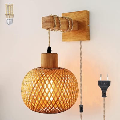 Vintage Dimbare Wandlamp met Rotan Lampenkap voor Slaapkamer en Woonkamer