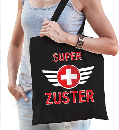 Super zuster cadeau katoenen tas zwart voor dames - zorgpersoneel kado / tasje / shopper