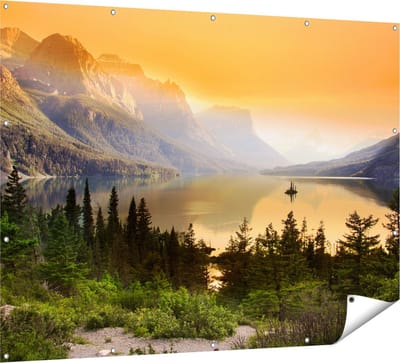 Gards Tuinposter Bergen met een Meer in Nationaal Park Glacier - 160x120 cm - Tuindoek - Tuindecoratie - Wanddecoratie buiten - Tuinschilderij