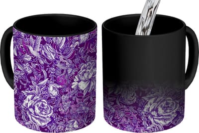 Magische Mok - Foto op Warmte Mokken - Koffiemok - Kolibrie - Rozen - Paars - Magic Mok - Beker - 350 ML - Theemok