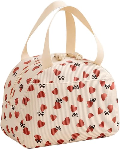 Thermo-lunchtas van geribbeld fluweel met beige hartstijl, lunchtas 6,5 l, koeltas, ideaal voor kantoor, school en picknick, thermische lunchbox met effectieve isolatie