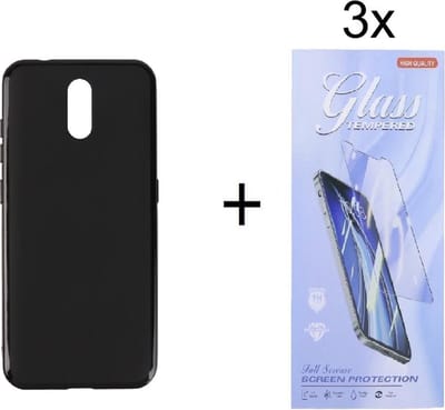 Hoesje Geschikt voor: Nokia 2.3 Silicone - Zwart + 3X Tempered Glass Screenprotector - ZT Accessoires
