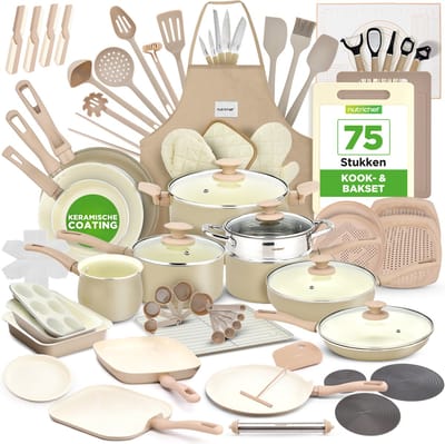 NutriChef 75-delige anti-aanbak pannenset – complete keramische kookset met bakvormen, keukengerei, messenset & accessoires – vlekbestendig, voedselveilig – crème/bruin