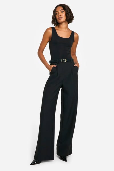 boohoo Dames Lange Essentiele Getailleerde Broek met Wijde Pijpen | Zwart | Maat: 8/34L