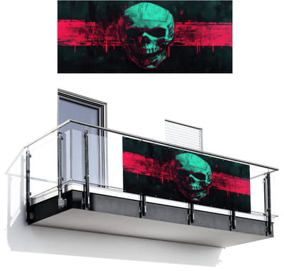 Balkonscherm 300x120 cm - Balkonposter Schedel - Cyberpunk - Neon Rood - Balkon scherm decoratie - Balkonschermen - Balkondoek zonnescherm