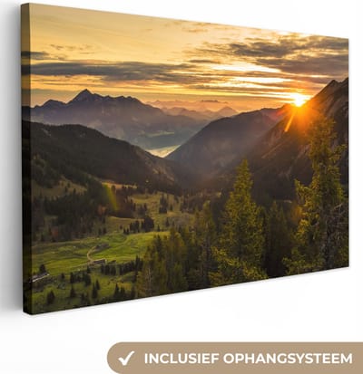 Canvas Schilderij Alpen - Berg - Zon - 30x20 cm - Wanddecoratie