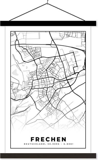 Posterhanger incl. Poster 40x60 cm - Schoolplaat - Plattegrond - Kaart - Frechen - Stadskaart - Textielposter - Zwarte latten - Stadskaart