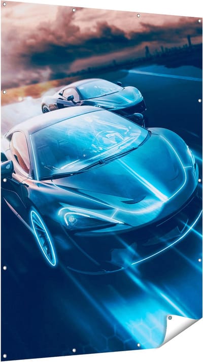 Gards Tuinposter Twee Raceauto's - Abstract - 120x180 cm - Tuindoek - Tuindecoratie - Wanddecoratie buiten - Tuinschilderij