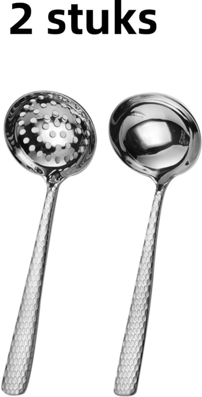 2-delige soeplepel/zeef - Soeplepel voor hete pannen - Grote soeplepel - Roestvrij staal - Gehamerd oppervlak - Verdikte lepel met lange steel - Geschikt voor thuis- en restaurantgebruik - 19 cm * 6 cm - Zilver