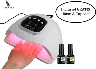 San Vitale® - Professionele UV-LED Nageldroger Lamp - Premium LED Nagellamp - Memory functie - Nagel LED lamp - Salon kwaliteit 150 Watt LED - Sun x15 Max - Gellak Nagels - Smart Sensor - 66 LED's - INCLUSIEF Base&Topcoat - Wit