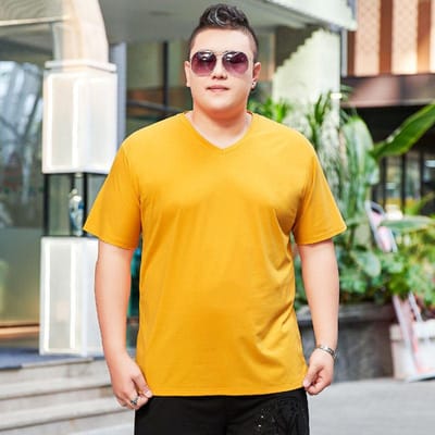 Zomer Ademend Dikke Mannen Dikke Plus Size Korte Mouw V-hals T-shirt Dikke Man Effen Kleur Oversized Onderhemd 4XL 2XL geel