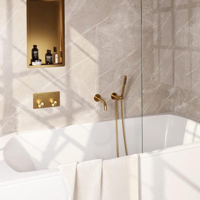 Brauer Gold Carving Thermostatische Inbouw Badkraan Drukknoppen - Uitloop - Staaf - Doucheslang - Wandaansluitbocht - Handdouche - Goud Geborsteld Pvd