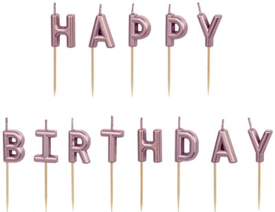 13 taartkaarsen Happy Birthday 2,5cm roségoud