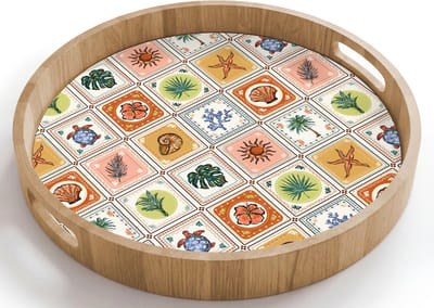 Dienblad rond 40x40 cm - Schootdienblad hout - Kust - Zee - Zomer - Multi - Borrelplank rechthoek - Plateau houten dienbladen