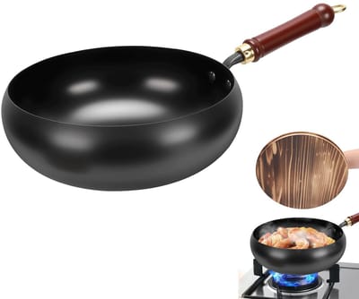 Dailygoods - Handgesmede Gietijzeren Wokpan met Houten Deksel, 28 cm