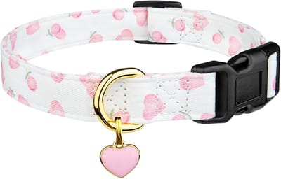 Halsband hond - halsband puppy hond - Handgemaakte hondenhalsband van katoen - schattige en onderscheidende patronen - wit en roze liefdeshart met hanger - M