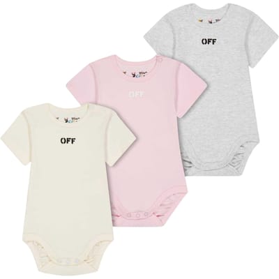 Off White Baby Lettering Crew Neck Romper (Verpakking van 3) (Multikleurige Print)