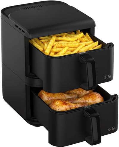 Heinner Dubbele Airfryer 10 L – Heteluchtfriteuse 2 Manden – 10 Programma’s – Smart & Dual Cooking – 2500 W – Digitale Bediening – Zwart