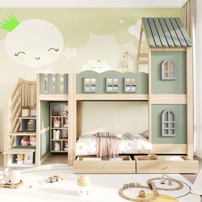 Stapelbed Huisbed 90x200 Groen Wit Kinderbed Opberglades Ladder Houten Bed MDF Pine