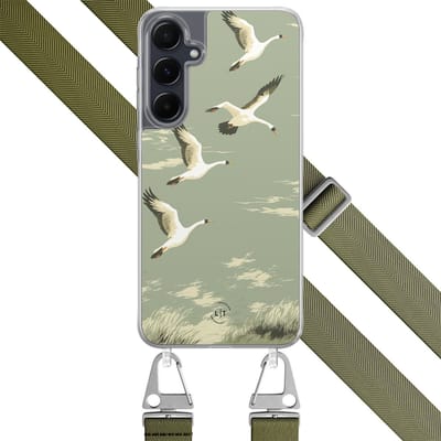 Hoesje met koord - Geschikt voor Samsung Galaxy A55 - Vogels - Verstelbaar zwart koord - Crossbody - Print / Illustratie - Groen - Leuke Telefoonhoesjes