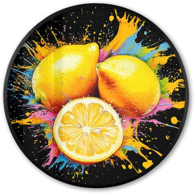 Poster in lijst Rond - Fotolijst 60x60 cm - Posters - Citroen - Graffiti - Kleurrijk - Verf - Modern - Ronde posterlijst zwart - Decoratie - Wanddecoratie woonkamer - Muurdecoratie slaapkamer