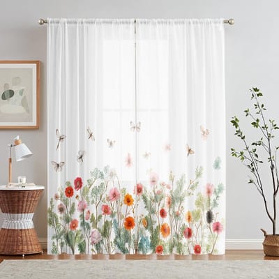 2pcs HD numérique exotique rustique imprimé fenêtre écran décor à la maison style décoration salon chambre tringle à travers effet rideau s W52H63inchW132H160cm white