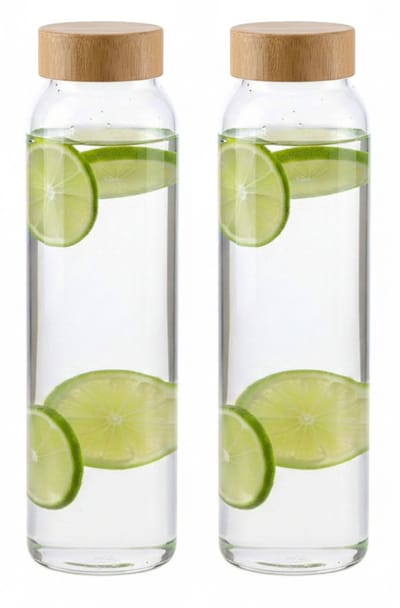Alpina Glazen waterfles / drinkfles / sportfles - 2x - helder transparant - met Bamboe dop - 1000 ml