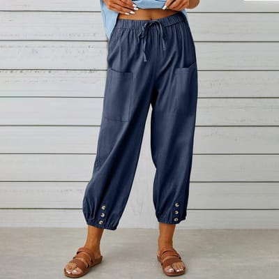 Zomer damesbroek losse katoenen linnen broek met hoge taille en knopen Negenpunts broek met wijde pijpen S marineblauwe kleur