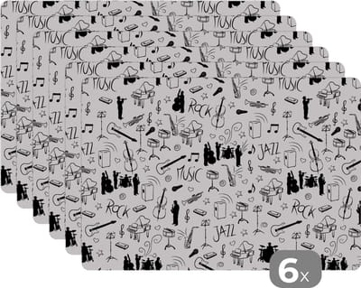 Placemat - Placemats kunststof - Muziek - Patronen - Zwart Wit - 45x30 cm - 6 stuks - Hittebestendig - Anti-Slip - Onderlegger - Afneembaar