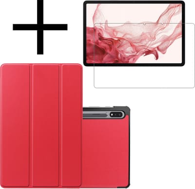 Hoes - Geschikt voor Samsung Galaxy Tab S8 - Met Screenprotector - Trifold Bookcase - Hard Cover - Hardcover Book Case - Tablet Hoesje - Rood