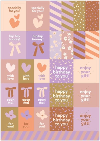 A5 stickervel cadeaustickers - 27 stickers - traktatiestickers - Hip Horaay - Specially for you - Bloem - Confetti - Verjaardag - Enjoy your gift - Happy Birthday - - Bedankt - Hoera - Sluitsticker - Wensetiket - Feest - Party warm - DH collection
