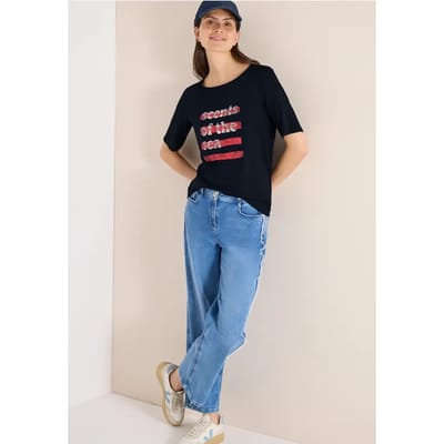 Shirt met boothals en tekst