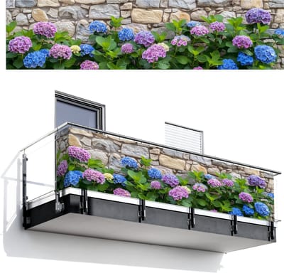 Balkonscherm 500x120 cm - Balkonposter Hortensia - Bloemen - Bladeren - Stenen - Balkon scherm decoratie - Balkonschermen - Balkondoek zonnescherm