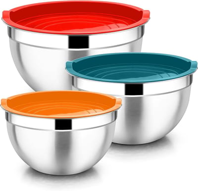Mixkommen Set van 3, Roestvrijstalen Mengkommen met Luchtdichte Deksel, Stapelbare Schalen voor Salades, Bereiden en Serveren - Vaatwasserbestendig, 4.5L/2.7L/1.5L