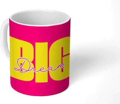 Mok - Koffiemok - Dream big - Roze - Geel - Minimalistisch - Mokken - 350 ML - Beker - Koffiemokken - Theemok
