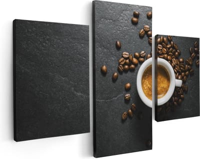 Artaza Canvas Schilderij Drieluik Kopje Koffie Met Koffiebonen - 90x60 - Foto Op Canvas - Canvas Print