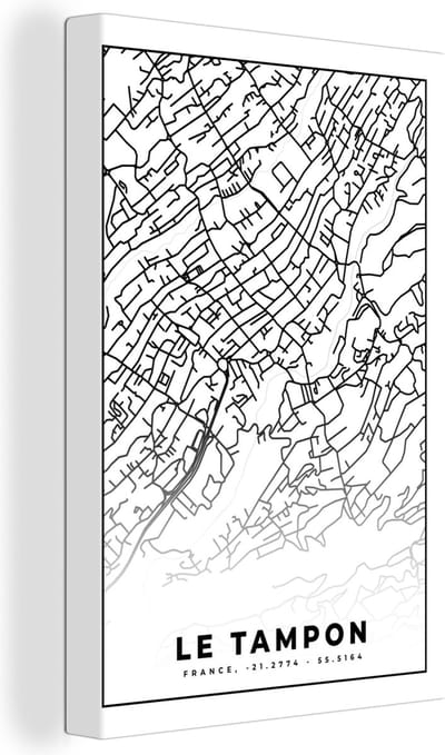 Canvas Schilderij Stadskaart - Plattegrond - Kaart - Le Tampon - Frankrijk - Zwart wit - 20x30 cm - Wanddecoratie