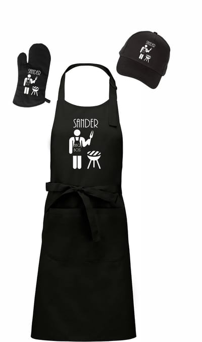 Mijncadeautje - Barbecue Voordeelset - BBQ Schort + BBQ Handschoen + BBQ Cap - BBQ Boss - met voornaam naar keuze - zwart