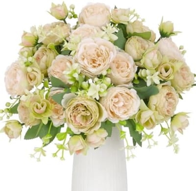 PromoHome Kunstmatige Pioenrozen Boeket - Set van 4 Bosjes Witte Zijden Pioenen met Groene Bladeren - Perfect voor Bruiloft, Feest, Tafelcenterpiece en Huisdecoratie