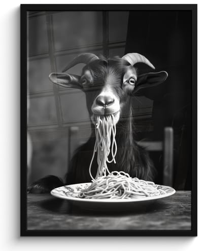 Fotolijst incl. Poster Zwart Wit- Geit - Bord - Spaghetti - Zwart Wit - 50x70 cm - Posterlijst