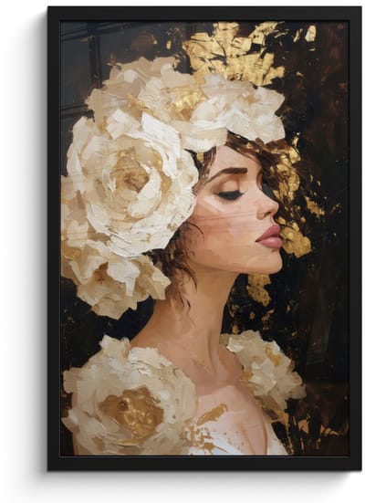 Poster in lijst - Fotolijst 40x60 cm - Posters - Abstract - Vrouw - Bloemen - Wit - Posterlijst zwart - Decoratie - Wanddecoratie woonkamer - Muurdecoratie slaapkamer