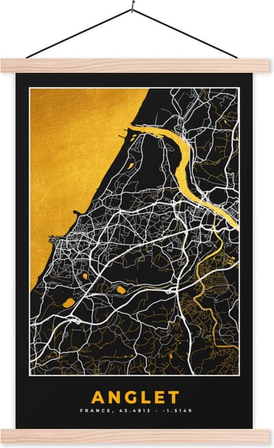 Posterhanger incl. Poster 40x60 cm - Schoolplaat - Frankrijk – Plattegrond – Kaart – Anglet – Stadskaart - Textielposter - Blanke latten - Stadskaart
