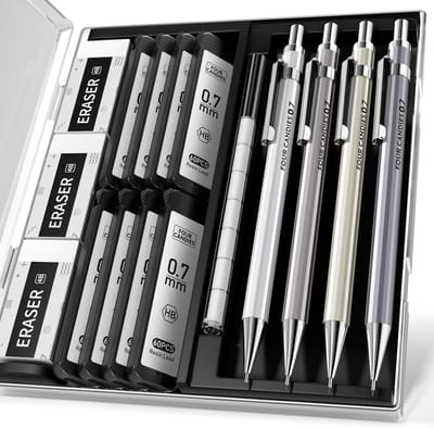 PromoHome Set van 4 vulpotloden 0,7 mm - Met 480 HB vullingen en 12 gummen - Mechanische potloden voor schrijven en tekenen