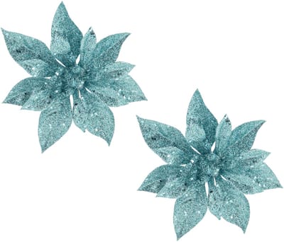 Cosy & Trendy Decoratie bloem - 2x stuks - kerstster - op clip - blauw - glitter -15 cm - kunststof - kerstversiering
