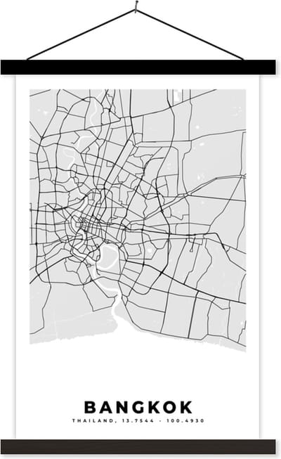 Posterhanger incl. Poster 40x60 cm - Schoolplaat - Bangkok - Stadskaart - Plattegrond - Zwart Wit - Kaart - Textielposter - Zwarte latten - Stadskaart