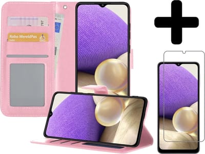 Hoesje - Met Screenprotector - Geschikt voor Samsung Galaxy A32 5G - Luxe Pasjeshouder - Bookcase Portemonee - Flip Case - Kunstleer Book Case - Flipcase - Book Cover - Walletcase - Portemonneehoes - Telefoonhoesjes - Lichtroze