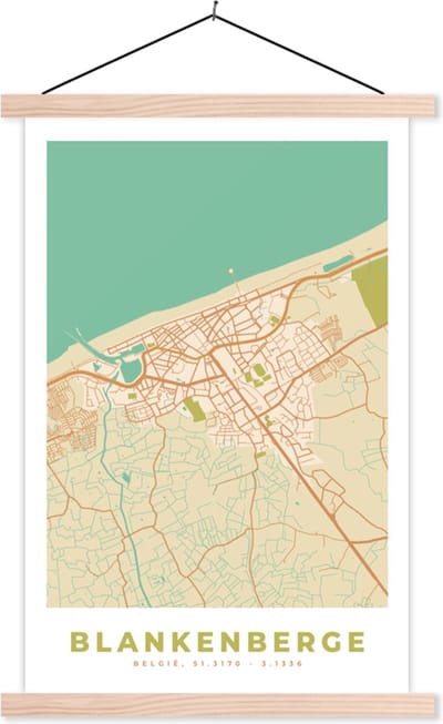 Posterhanger incl. Poster 40x60 cm - Schoolplaat - Plattegrond - België - Kaart - Vintage - Blankenberge - Stadskaart - Textielposter - Blanke latten - Stadskaart